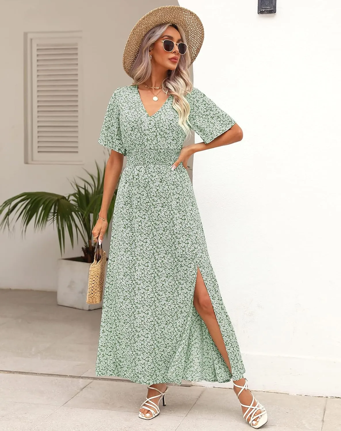 Kranda Women 2025 Summer Spring V Neck High Waist Short Sleeve Casual Long Boho Floral Swing Flowy Slit Beach Maxi Dress