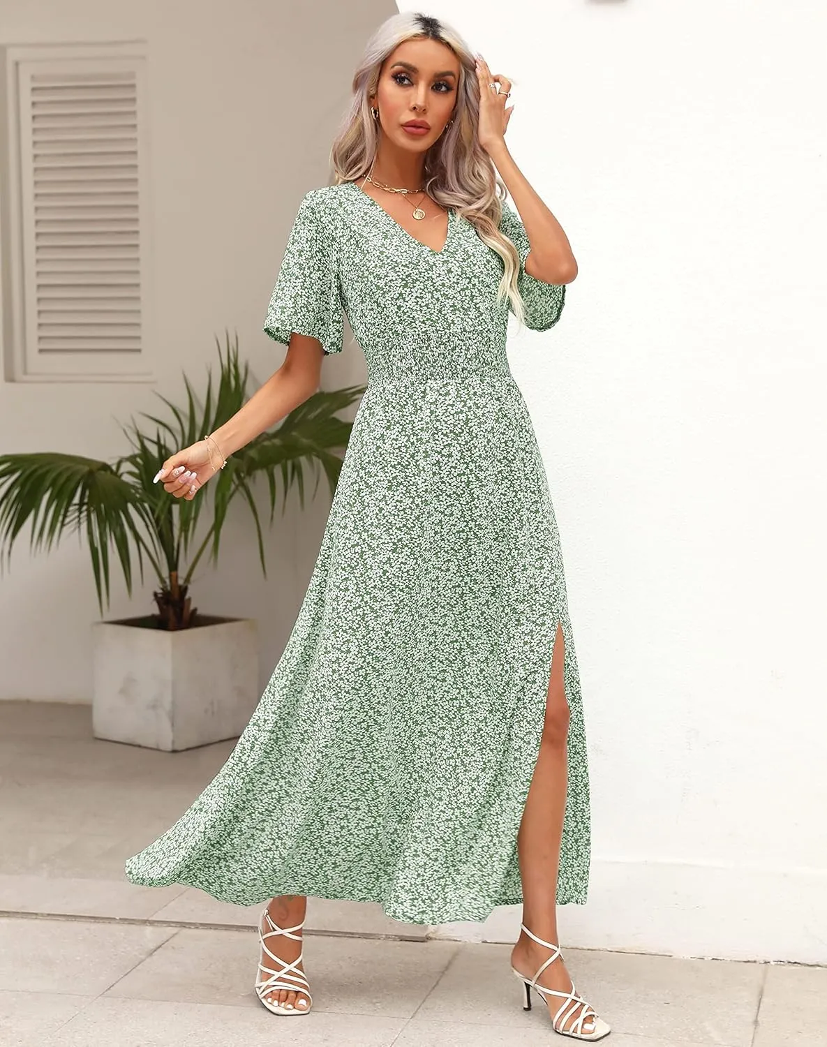 Kranda Women 2025 Summer Spring V Neck High Waist Short Sleeve Casual Long Boho Floral Swing Flowy Slit Beach Maxi Dress