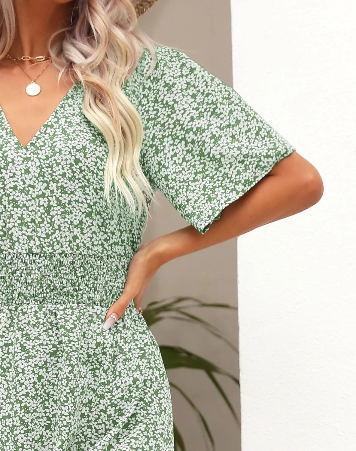 Kranda Women 2025 Summer Spring V Neck High Waist Short Sleeve Casual Long Boho Floral Swing Flowy Slit Beach Maxi Dress
