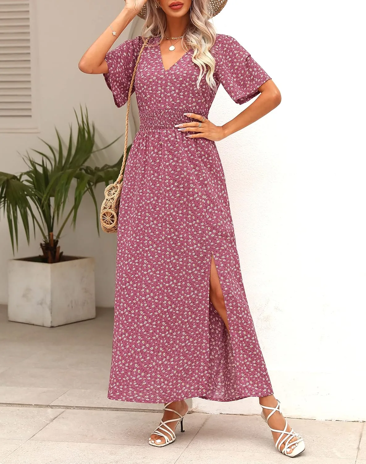 Kranda Women 2025 Summer Spring V Neck High Waist Short Sleeve Casual Long Boho Floral Swing Flowy Slit Beach Maxi Dress