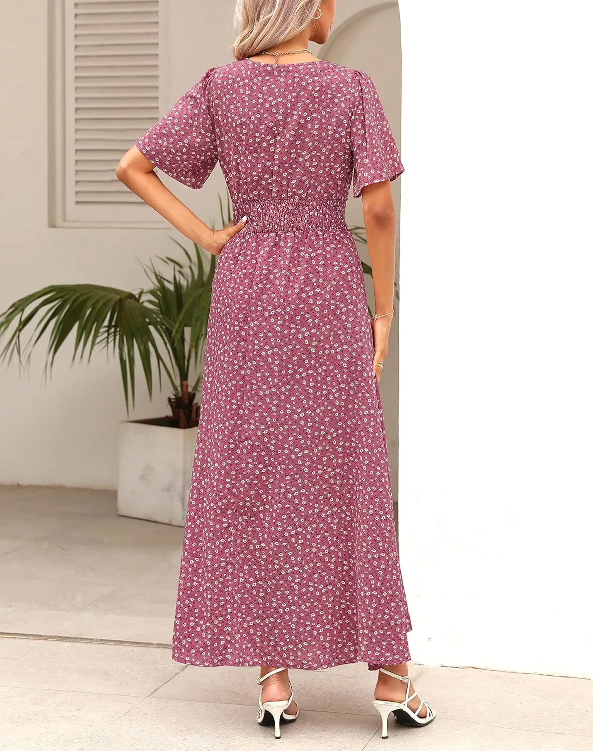 Kranda Women 2025 Summer Spring V Neck High Waist Short Sleeve Casual Long Boho Floral Swing Flowy Slit Beach Maxi Dress