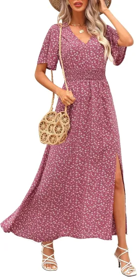 Kranda Women 2025 Summer Spring V Neck High Waist Short Sleeve Casual Long Boho Floral Swing Flowy Slit Beach Maxi Dress