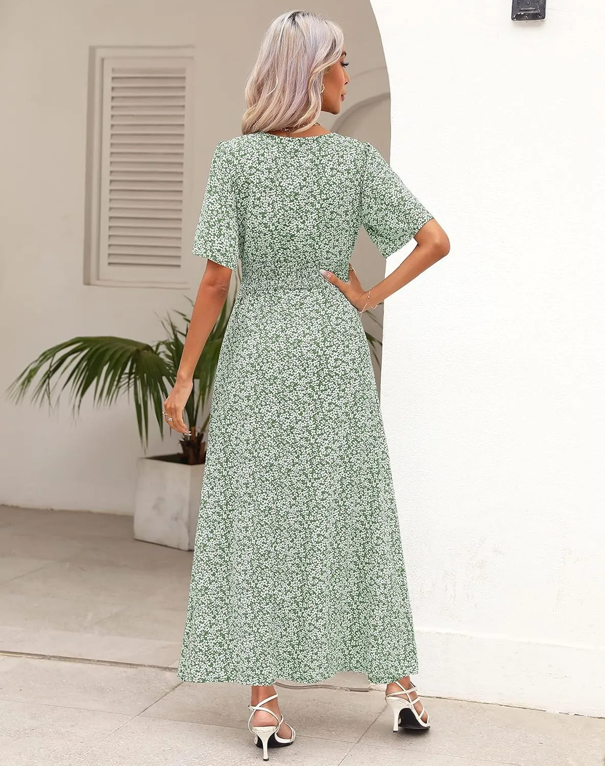 Kranda Women 2025 Summer Spring V Neck High Waist Short Sleeve Casual Long Boho Floral Swing Flowy Slit Beach Maxi Dress