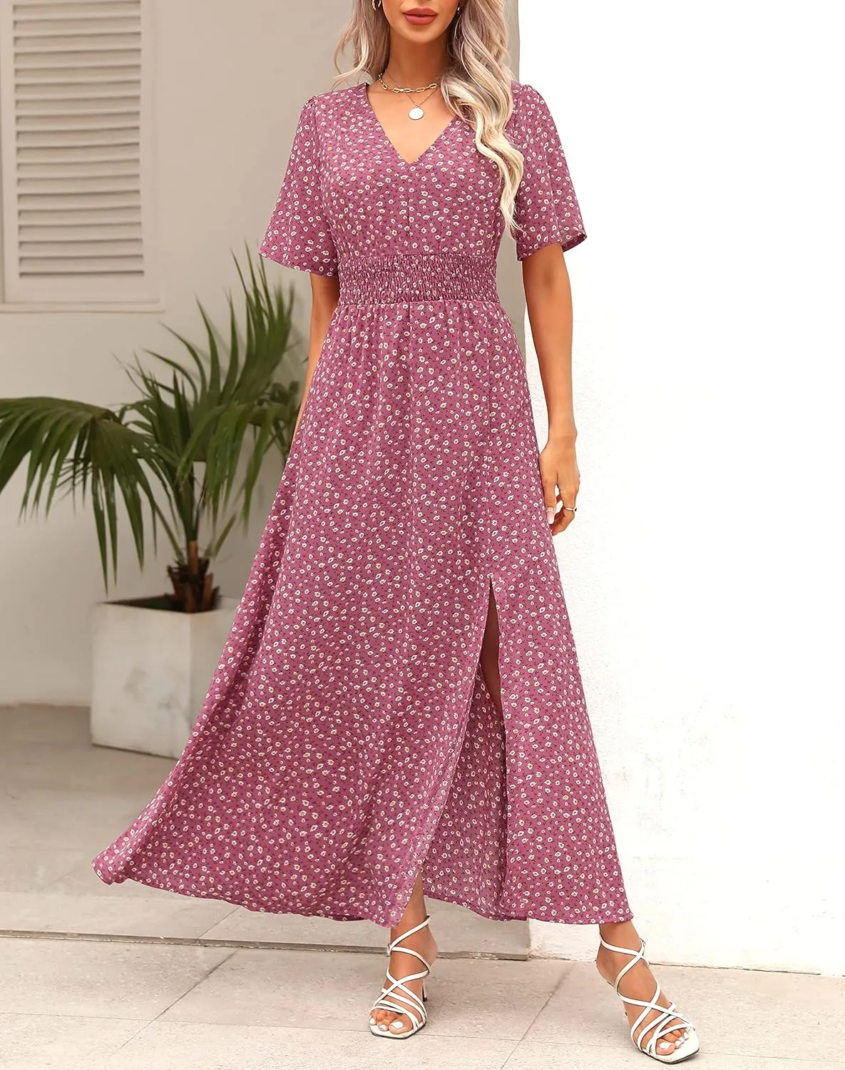 Kranda Women 2025 Summer Spring V Neck High Waist Short Sleeve Casual Long Boho Floral Swing Flowy Slit Beach Maxi Dress