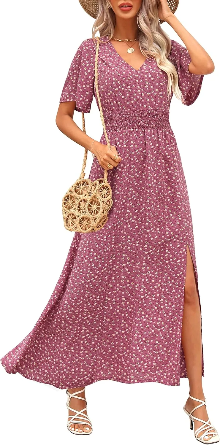 Kranda Women 2025 Summer Spring V Neck High Waist Short Sleeve Casual Long Boho Floral Swing Flowy Slit Beach Maxi Dress