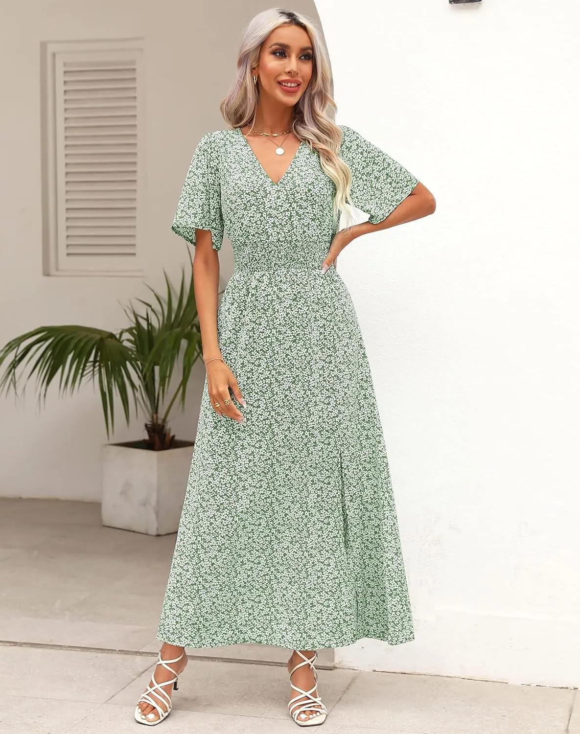 Kranda Women 2025 Summer Spring V Neck High Waist Short Sleeve Casual Long Boho Floral Swing Flowy Slit Beach Maxi Dress