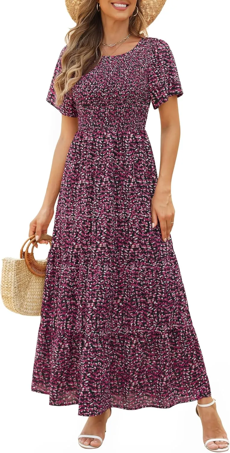 Kranda Women Summer Dress Round Neck Flutter Short Sleeve Smocked Ruffle Tiered Floral Maxi Dress 2024