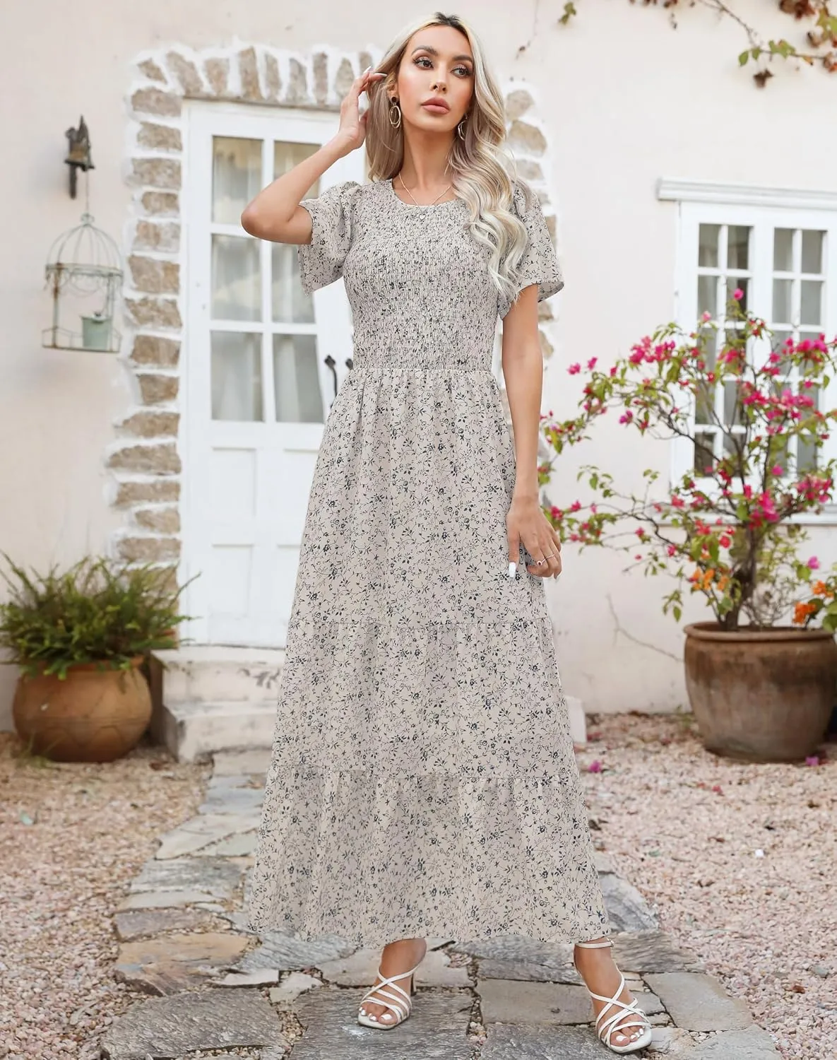 Kranda Women Summer Dress Round Neck Flutter Short Sleeve Smocked Ruffle Tiered Floral Maxi Dress 2024