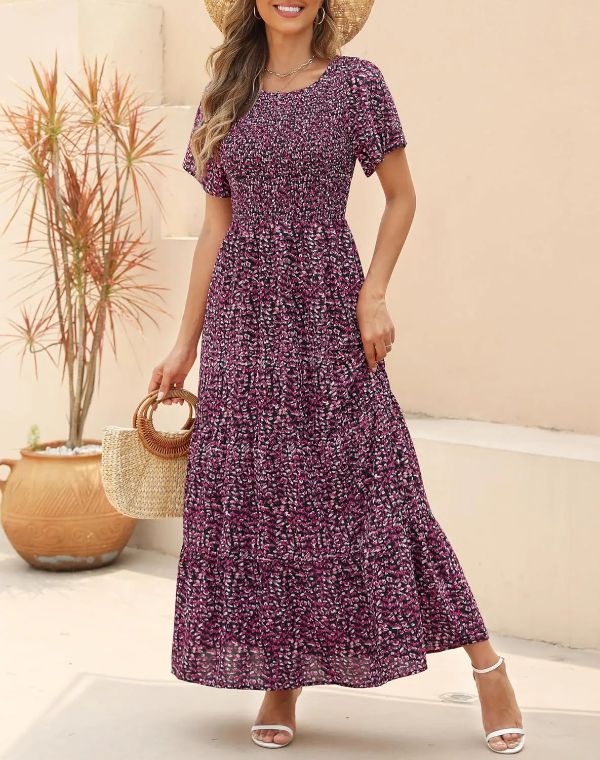 Kranda Women Summer Dress Round Neck Flutter Short Sleeve Smocked Ruffle Tiered Floral Maxi Dress 2024