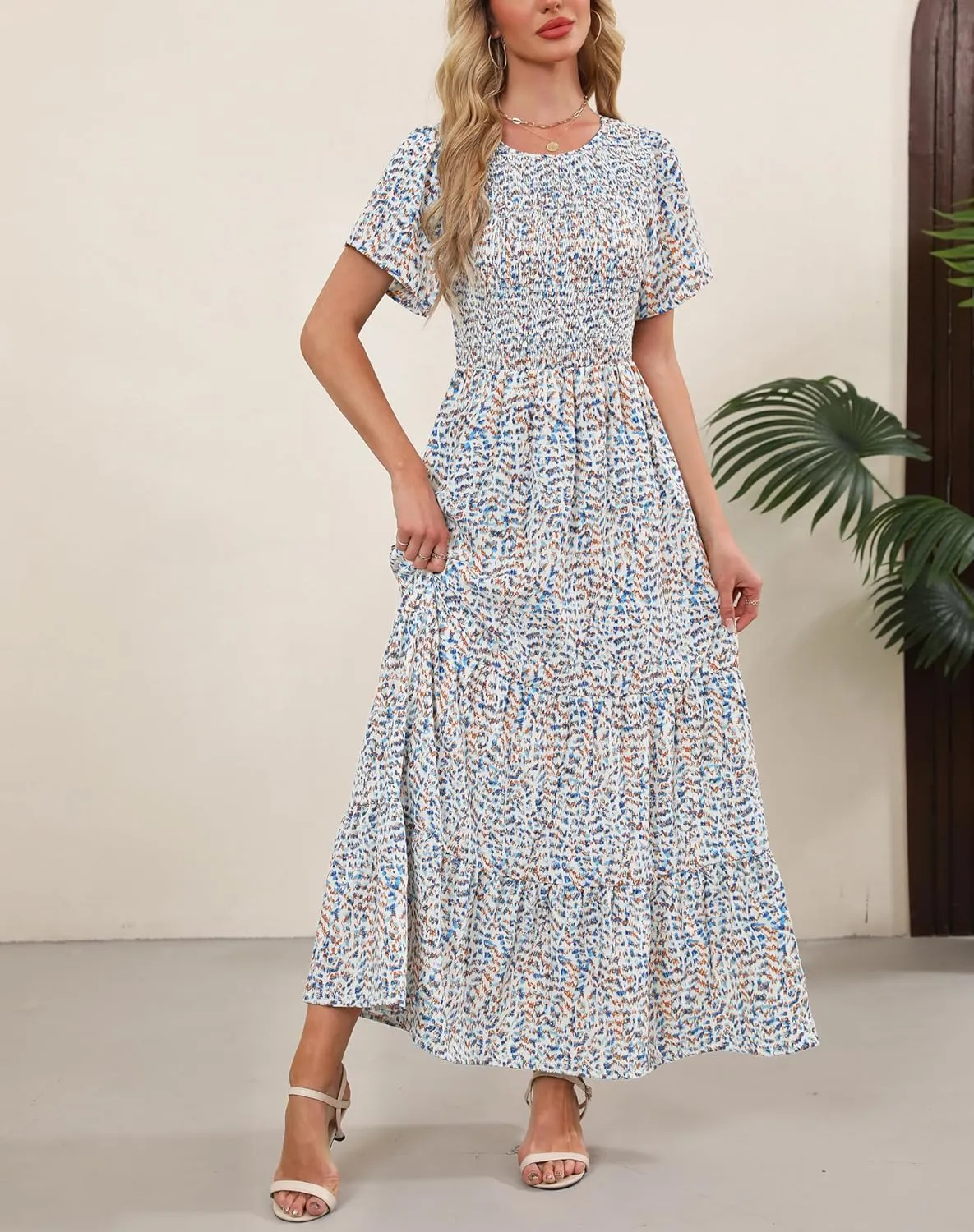 Kranda Women Summer Dress Round Neck Flutter Short Sleeve Smocked Ruffle Tiered Floral Maxi Dress 2024