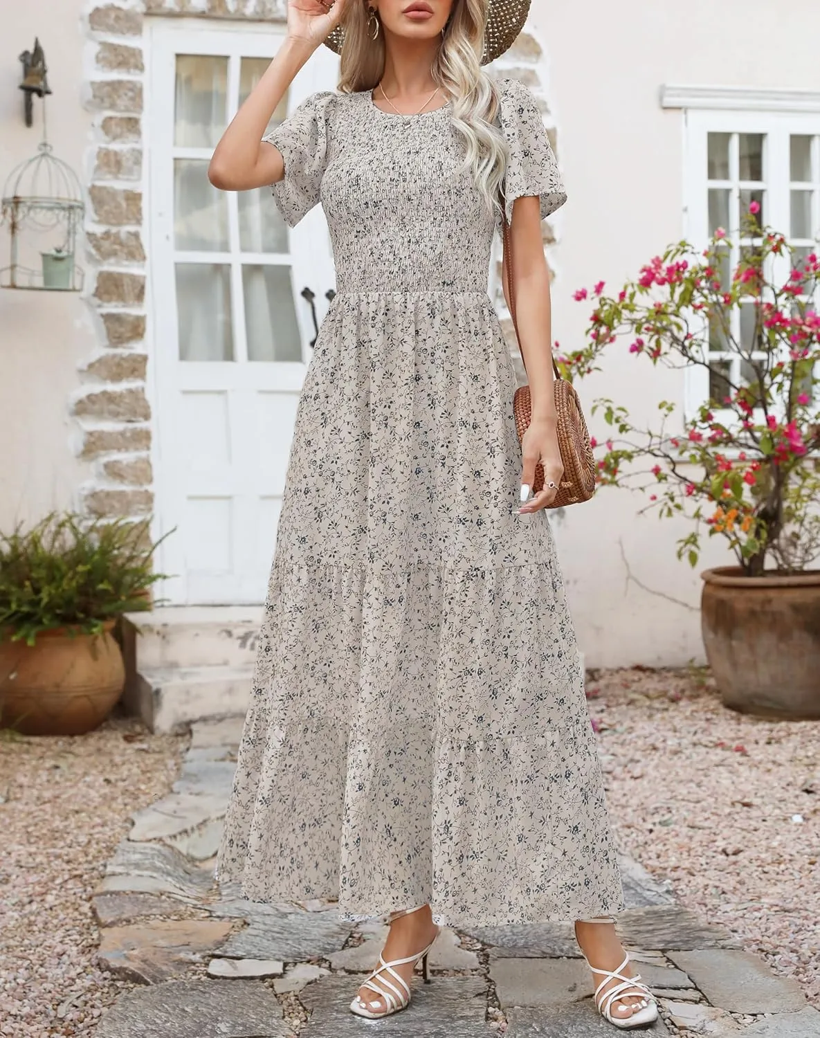 Kranda Women Summer Dress Round Neck Flutter Short Sleeve Smocked Ruffle Tiered Floral Maxi Dress 2024