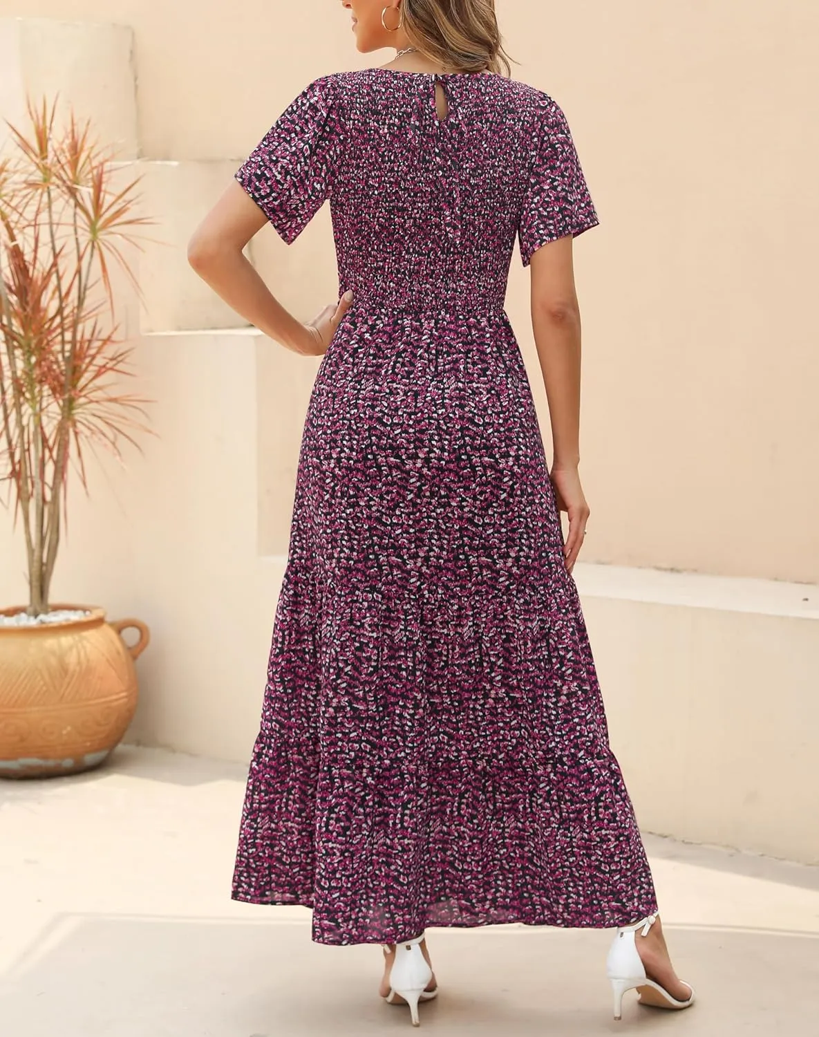 Kranda Women Summer Dress Round Neck Flutter Short Sleeve Smocked Ruffle Tiered Floral Maxi Dress 2024