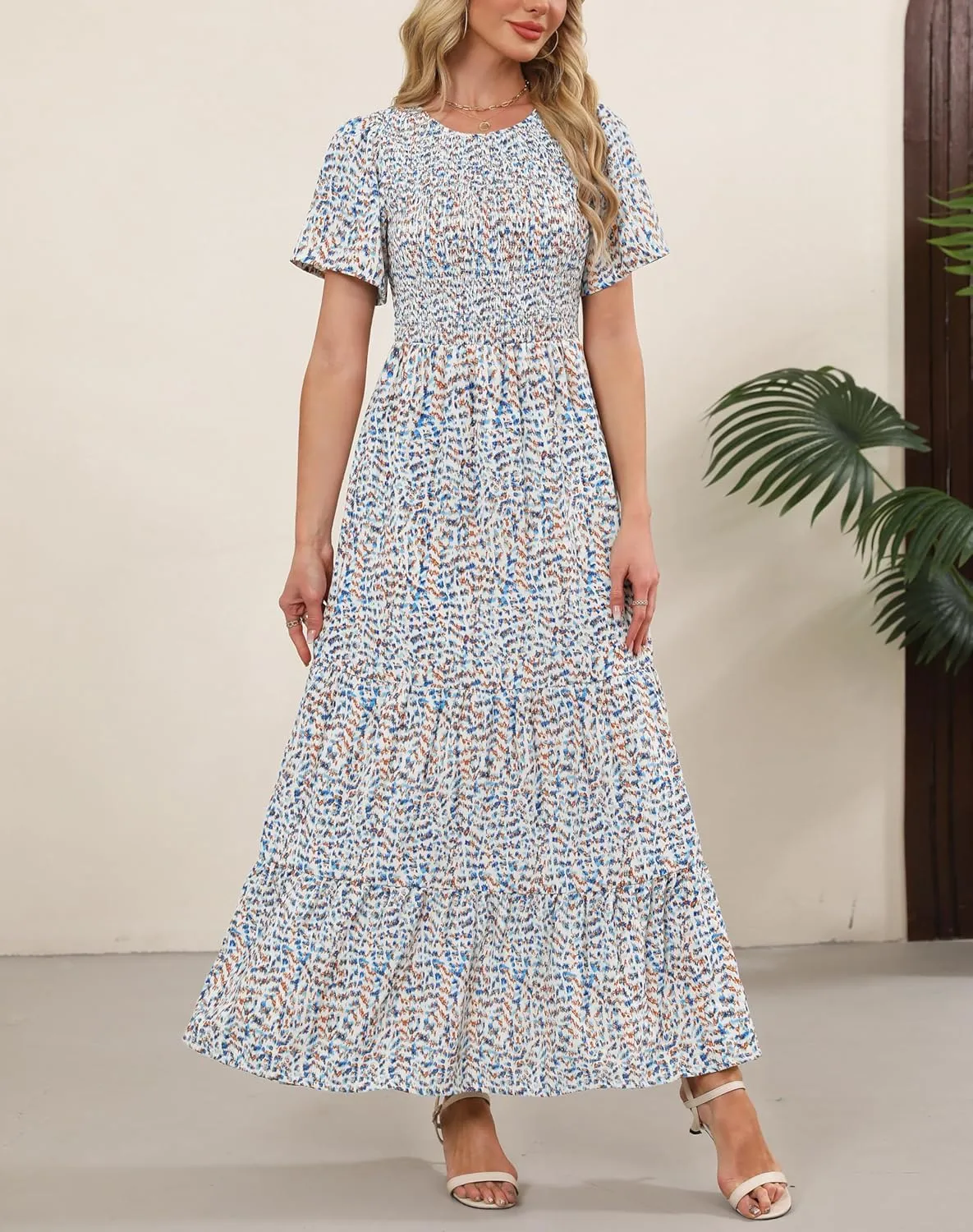Kranda Women Summer Dress Round Neck Flutter Short Sleeve Smocked Ruffle Tiered Floral Maxi Dress 2024