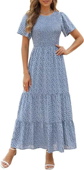 Kranda Women Summer Dress Round Neck Flutter Short Sleeve Smocked Ruffle Tiered Floral Maxi Dress 2024