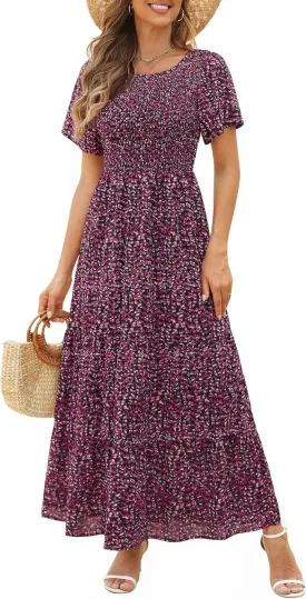 Kranda Women Summer Dress Round Neck Flutter Short Sleeve Smocked Ruffle Tiered Floral Maxi Dress 2024