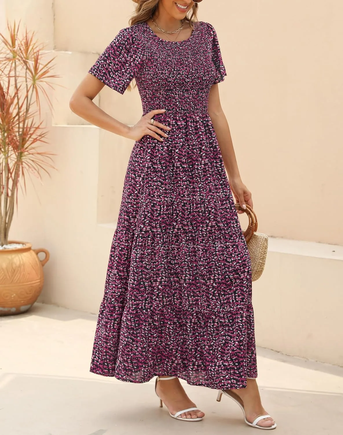 Kranda Women Summer Dress Round Neck Flutter Short Sleeve Smocked Ruffle Tiered Floral Maxi Dress 2024
