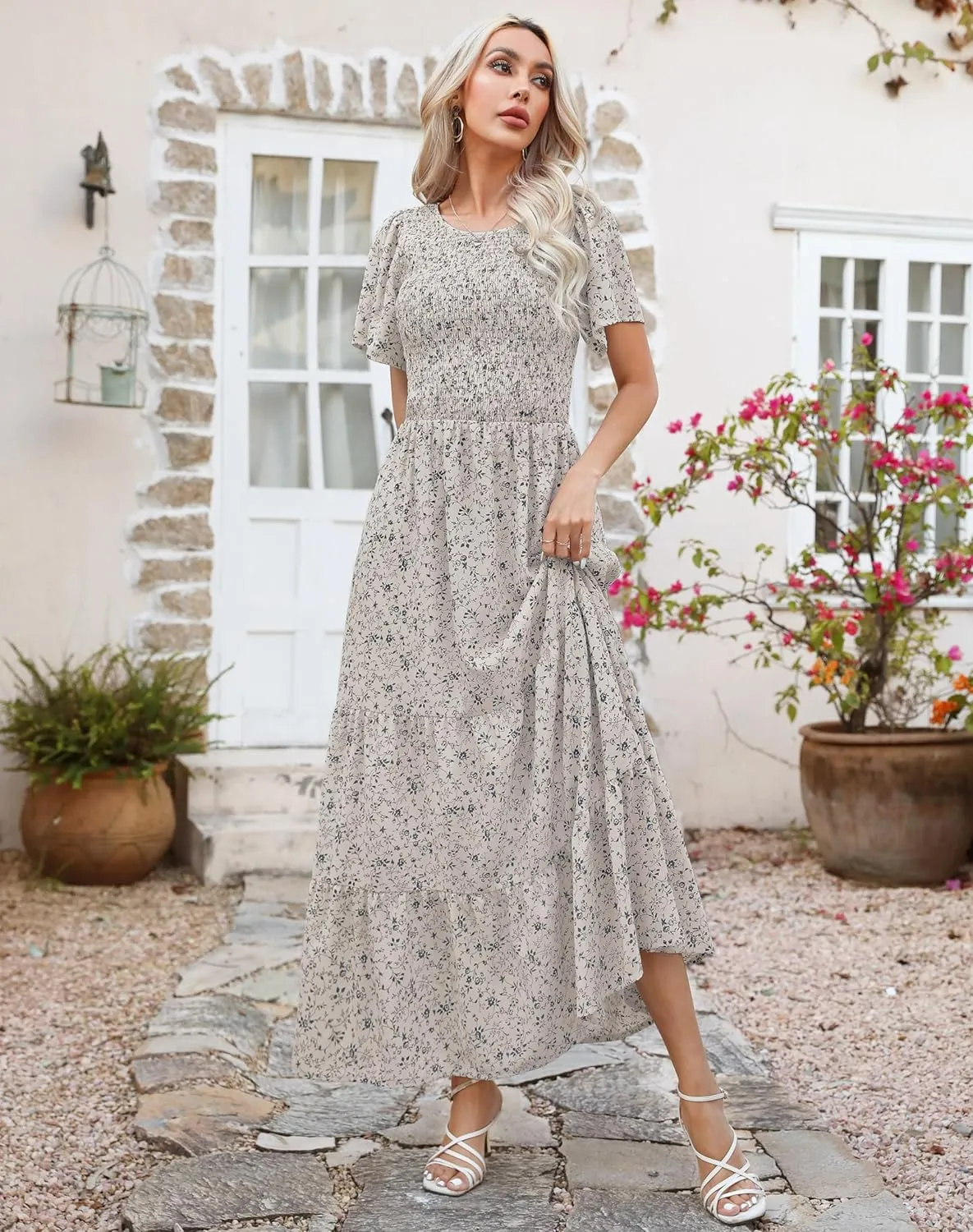 Kranda Women Summer Dress Round Neck Flutter Short Sleeve Smocked Ruffle Tiered Floral Maxi Dress 2024
