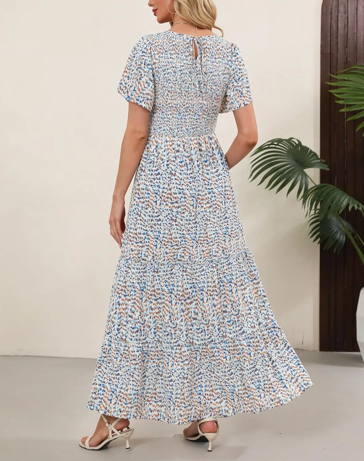 Kranda Women Summer Dress Round Neck Flutter Short Sleeve Smocked Ruffle Tiered Floral Maxi Dress 2024