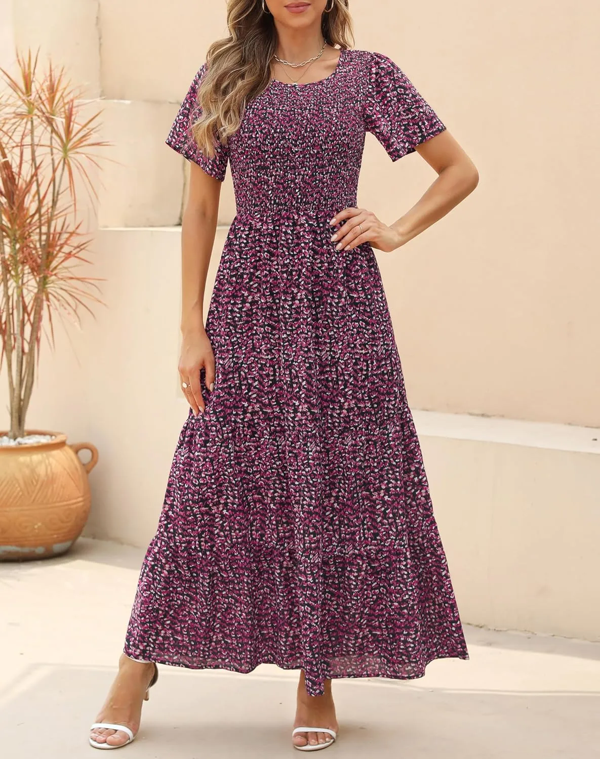 Kranda Women Summer Dress Round Neck Flutter Short Sleeve Smocked Ruffle Tiered Floral Maxi Dress 2024