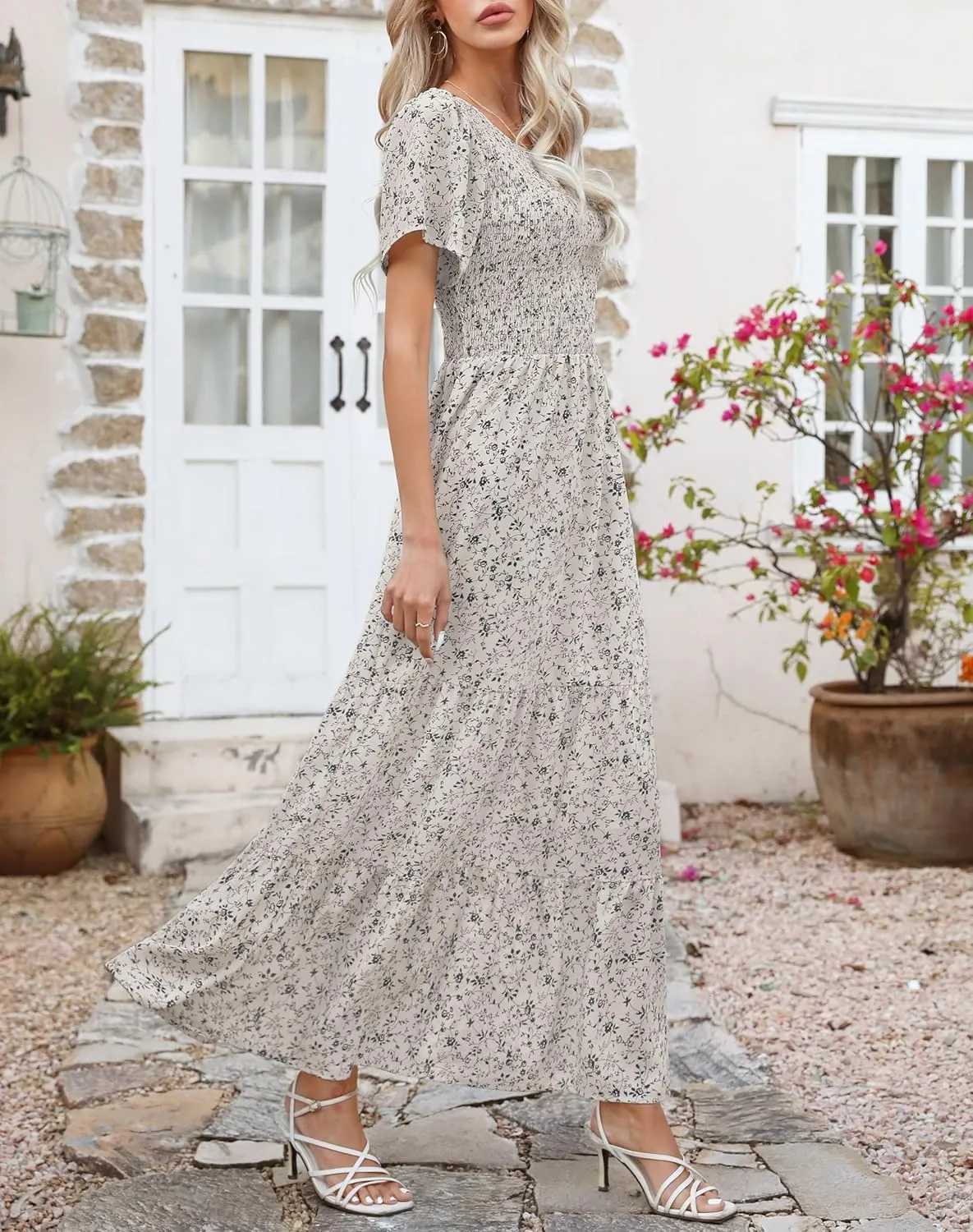 Kranda Women Summer Dress Round Neck Flutter Short Sleeve Smocked Ruffle Tiered Floral Maxi Dress 2024
