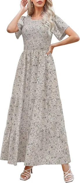Kranda Women Summer Dress Round Neck Flutter Short Sleeve Smocked Ruffle Tiered Floral Maxi Dress 2024