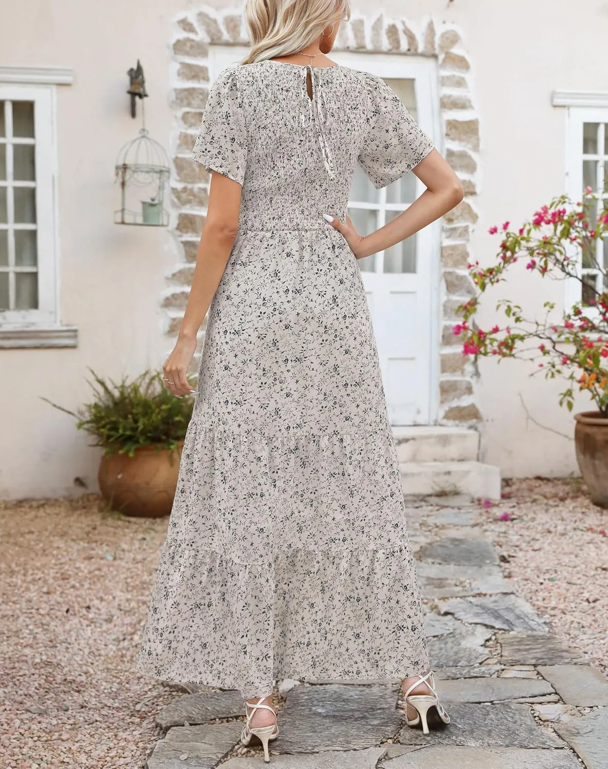 Kranda Women Summer Dress Round Neck Flutter Short Sleeve Smocked Ruffle Tiered Floral Maxi Dress 2024