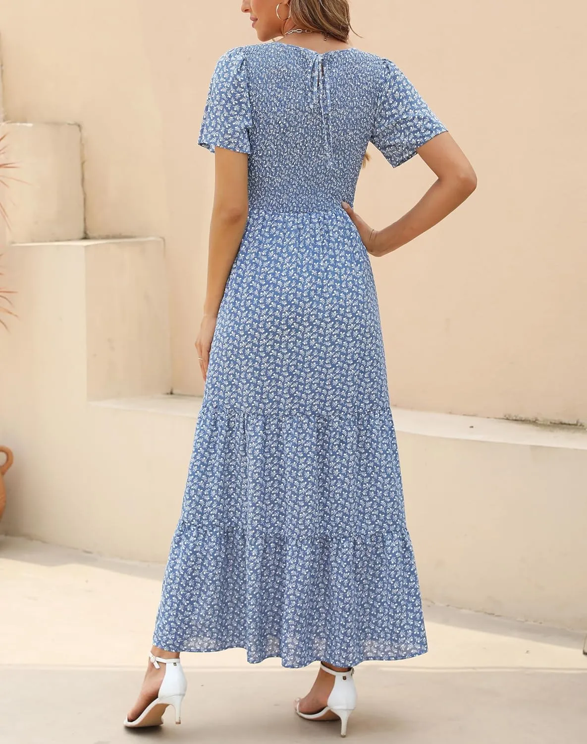 Kranda Women Summer Dress Round Neck Flutter Short Sleeve Smocked Ruffle Tiered Floral Maxi Dress 2024