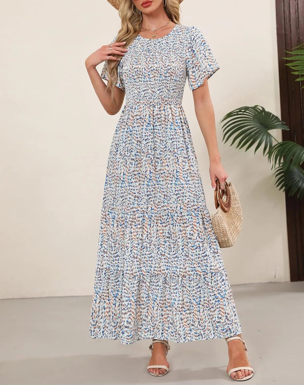 Kranda Women Summer Dress Round Neck Flutter Short Sleeve Smocked Ruffle Tiered Floral Maxi Dress 2024