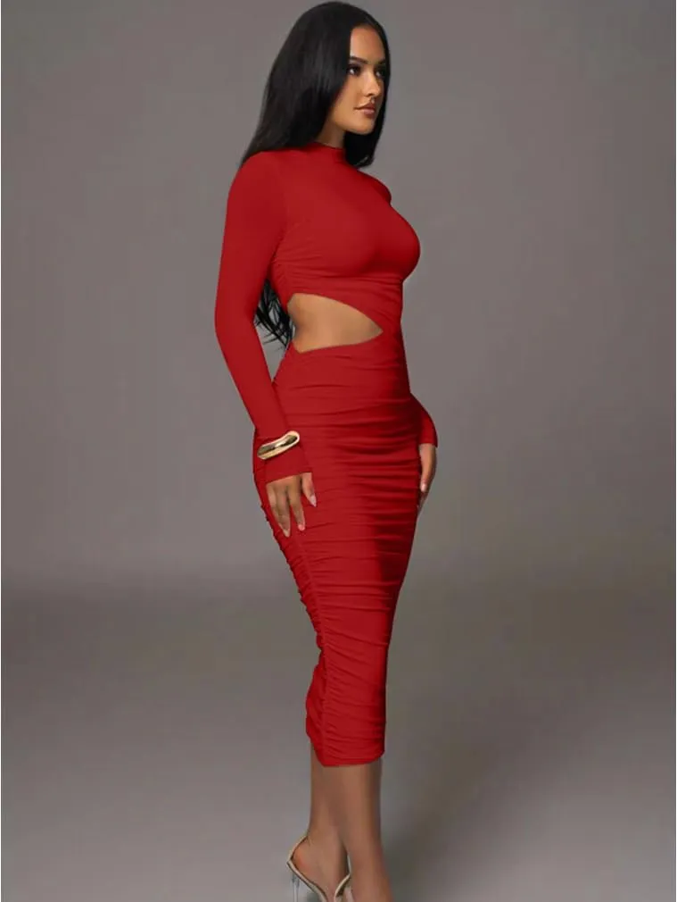 LAGSHIAN Women Sexy Long Sleeve Mock Neck One Piece Cutout Ruched Bodycon Midi Party Dress