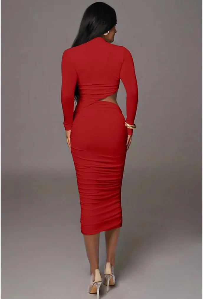 LAGSHIAN Women Sexy Long Sleeve Mock Neck One Piece Cutout Ruched Bodycon Midi Party Dress