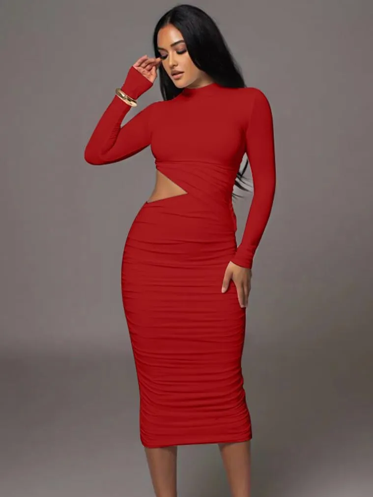 LAGSHIAN Women Sexy Long Sleeve Mock Neck One Piece Cutout Ruched Bodycon Midi Party Dress