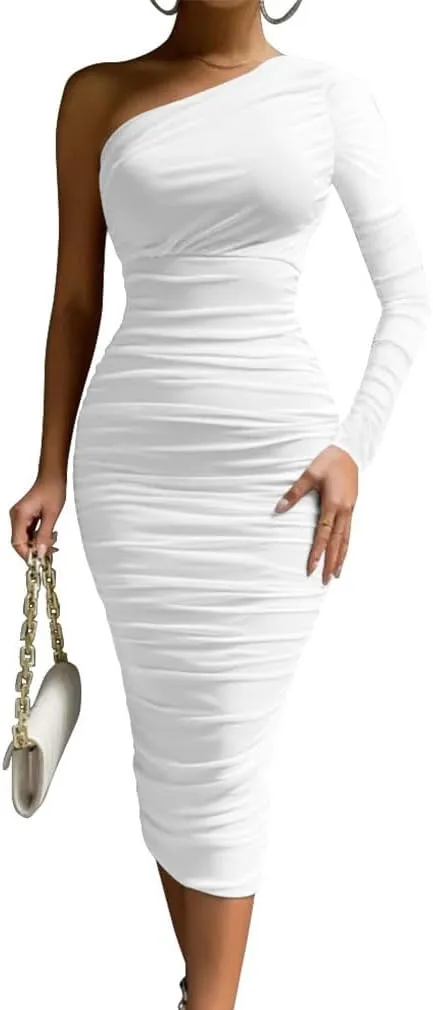 LAGSHIAN Women's Elegant Bodycon One Shoulder Long Sleeve Ruched Midi Cocktail Party Dress