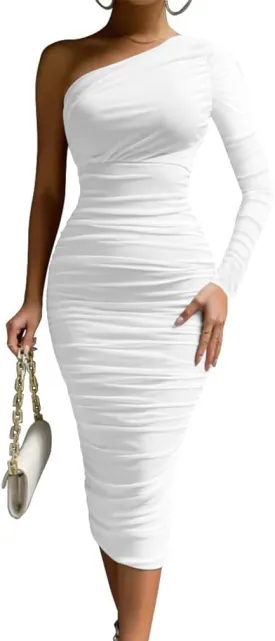 LAGSHIAN Women's Elegant Bodycon One Shoulder Long Sleeve Ruched Midi Cocktail Party Dress