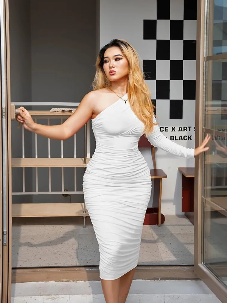 LAGSHIAN Women's Elegant Bodycon One Shoulder Long Sleeve Ruched Midi Cocktail Party Dress