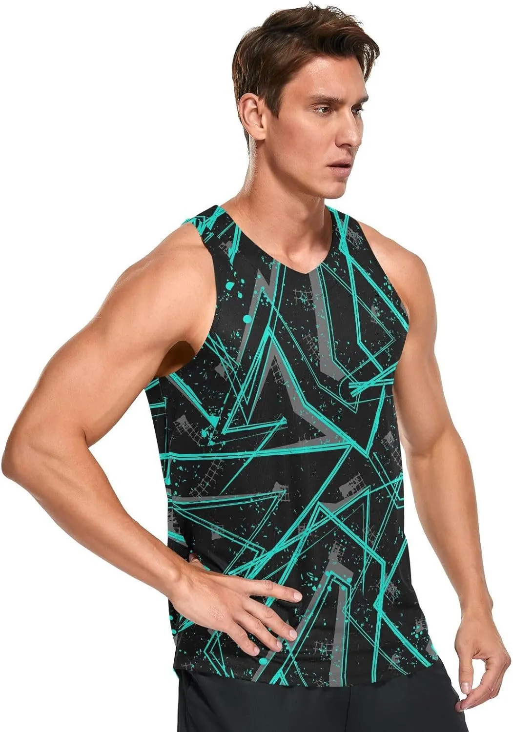 Laprad Men's Geometric Patterns Stripes Quick Dry Tank Tops Sleeveless Workout T-Shirts Summer Athletic Gym Beach Shirts