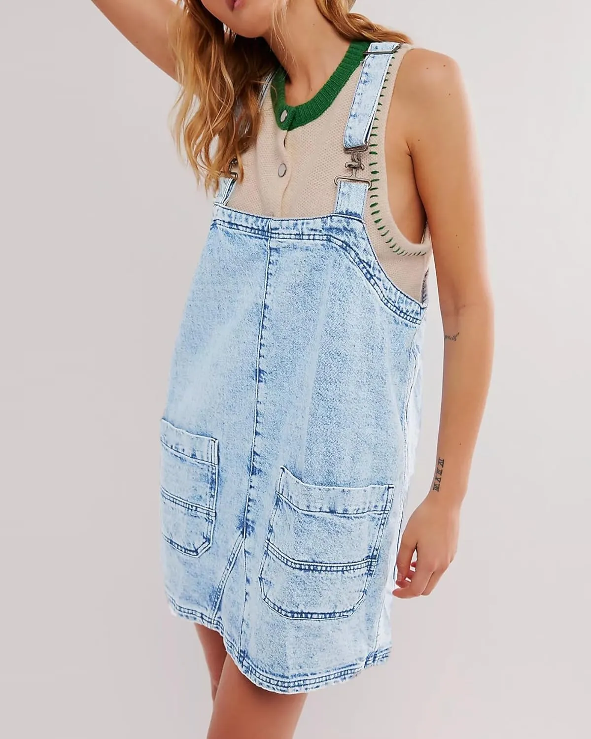LifeShe Women's Denim Overall Dress Sleeveless Jean Romper Mini Dress Adjustable Strap Denim Jumper Dresses