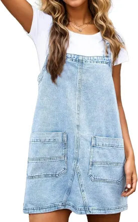 LifeShe Women's Denim Overall Dress Sleeveless Jean Romper Mini Dress Adjustable Strap Denim Jumper Dresses