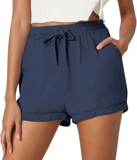 Linen Shorts for Women 2025 Summer Casual Shorts Comfy Elastic High Waisted Drawstring Beach Shorts Pajama Pants with Pockets