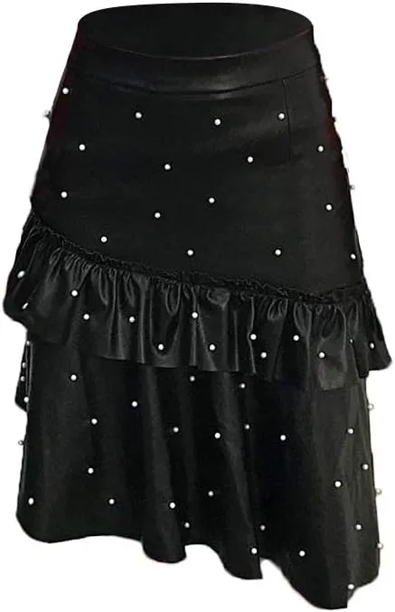 LKOUS Leather Skirts for Women PU Pearl Ruffle Asymmetrical Hem Knee Length Black Skirt Plus Size