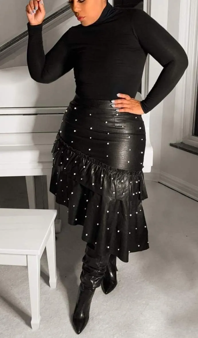 LKOUS Leather Skirts for Women PU Pearl Ruffle Asymmetrical Hem Knee Length Black Skirt Plus Size