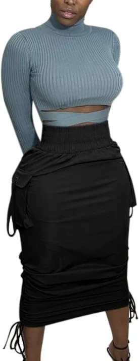 LKOUS Leather Skirts for Women PU Pearl Ruffle Asymmetrical Hem Knee Length Black Skirt Plus Size