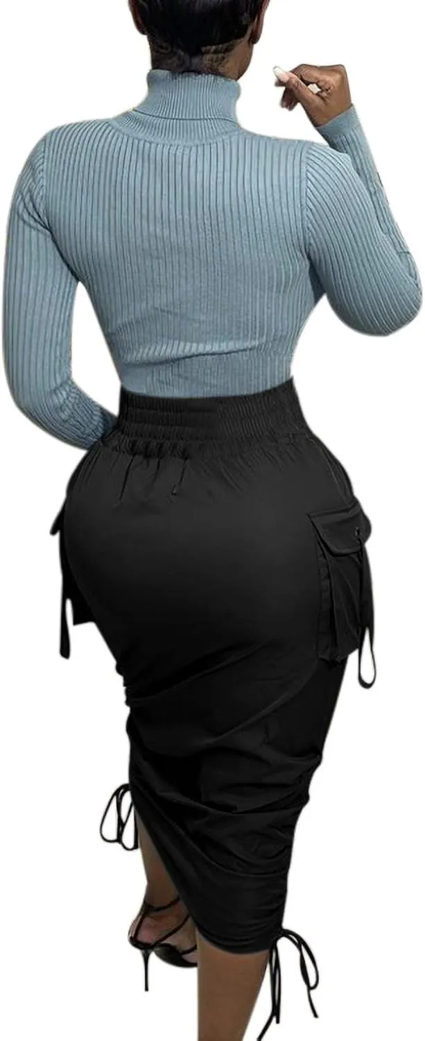 LKOUS Leather Skirts for Women PU Pearl Ruffle Asymmetrical Hem Knee Length Black Skirt Plus Size