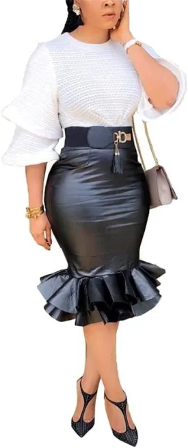 LKOUS Leather Skirts for Women PU Pearl Ruffle Asymmetrical Hem Knee Length Black Skirt Plus Size