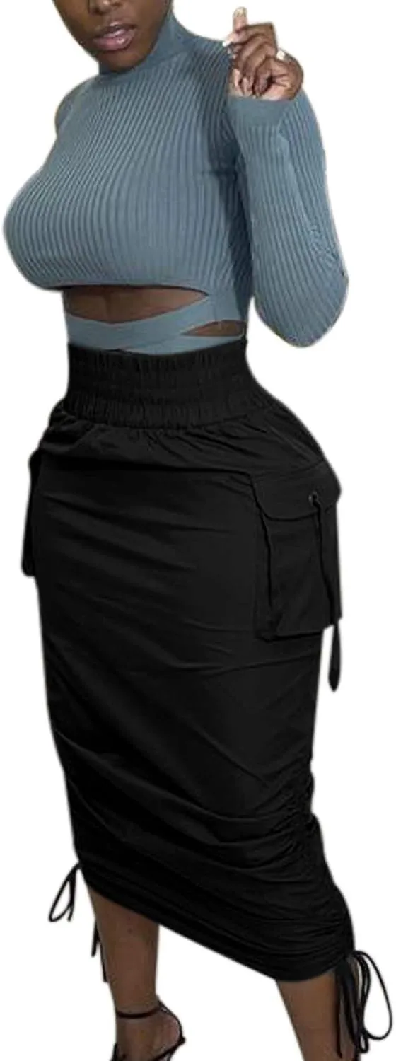 LKOUS Leather Skirts for Women PU Pearl Ruffle Asymmetrical Hem Knee Length Black Skirt Plus Size