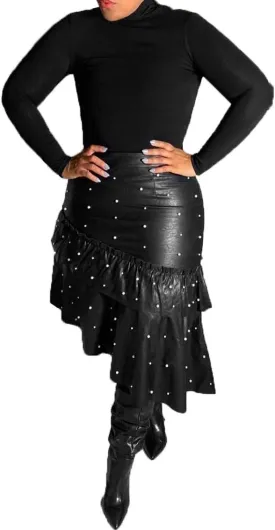 LKOUS Leather Skirts for Women PU Pearl Ruffle Asymmetrical Hem Knee Length Black Skirt Plus Size