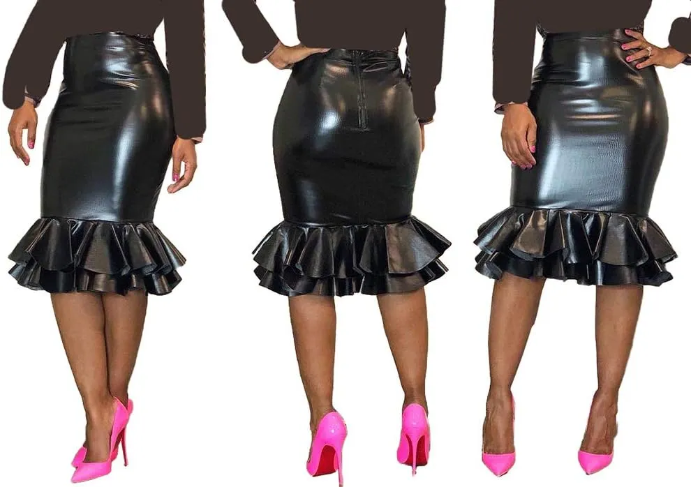 LKOUS Leather Skirts for Women PU Pearl Ruffle Asymmetrical Hem Knee Length Black Skirt Plus Size