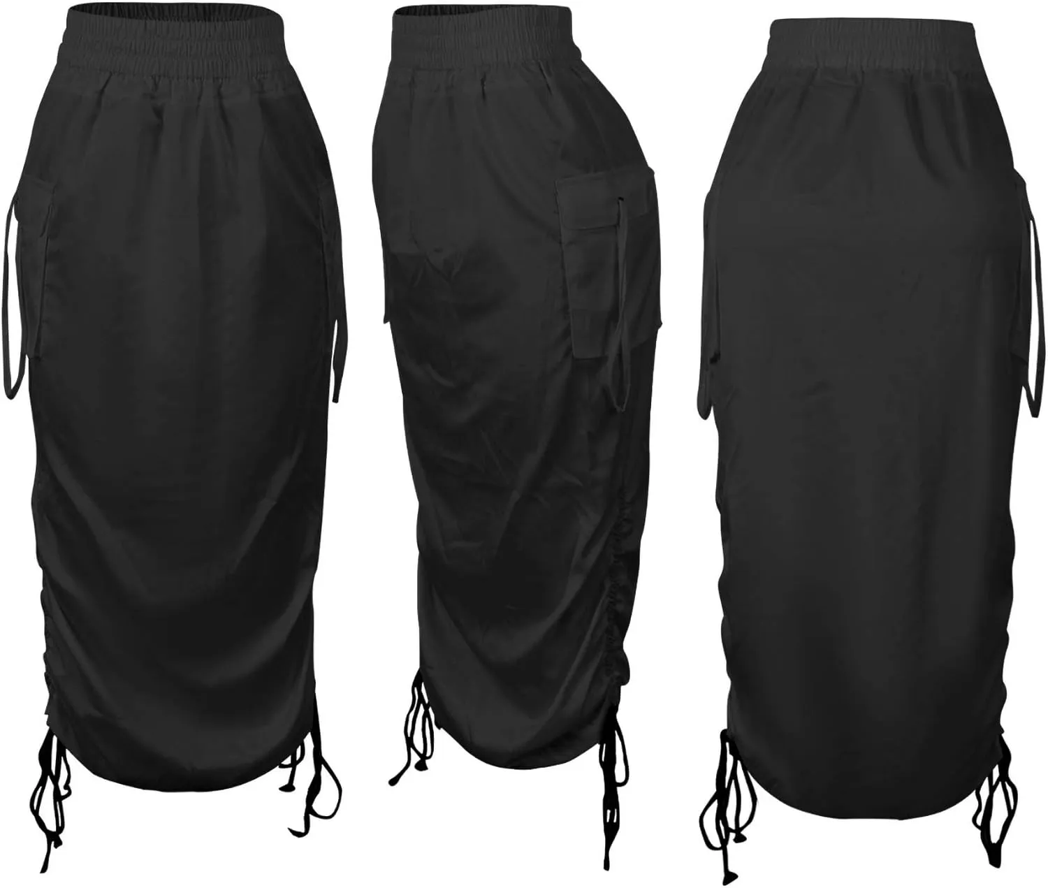 LKOUS Leather Skirts for Women PU Pearl Ruffle Asymmetrical Hem Knee Length Black Skirt Plus Size