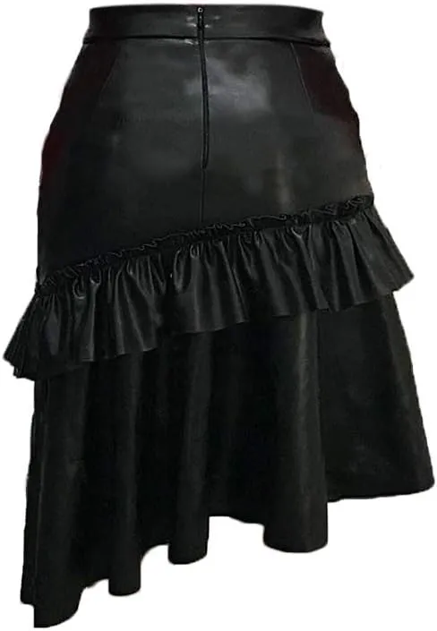 LKOUS Leather Skirts for Women PU Pearl Ruffle Asymmetrical Hem Knee Length Black Skirt Plus Size