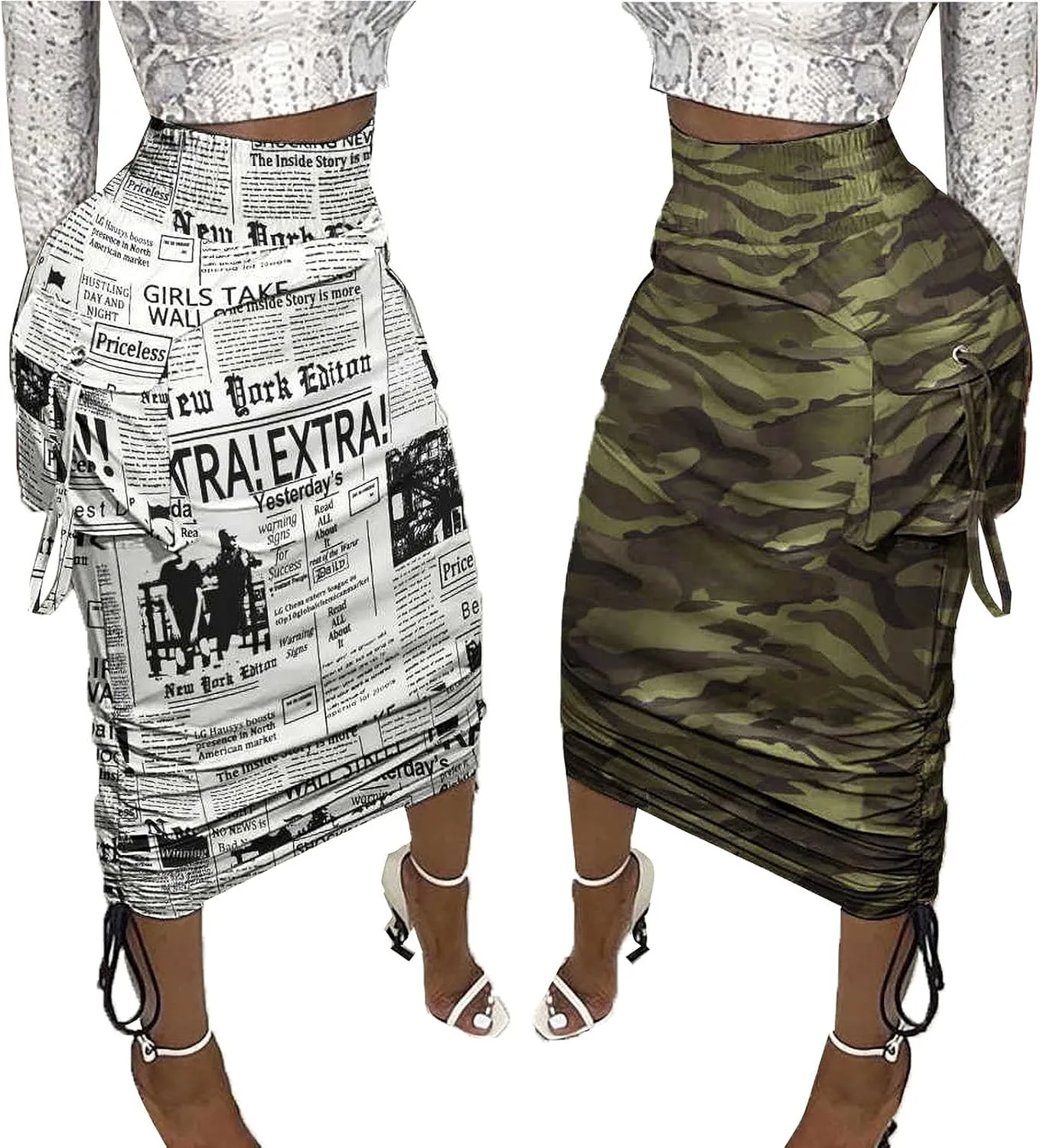 LKOUS Leather Skirts for Women PU Pearl Ruffle Asymmetrical Hem Knee Length Black Skirt Plus Size