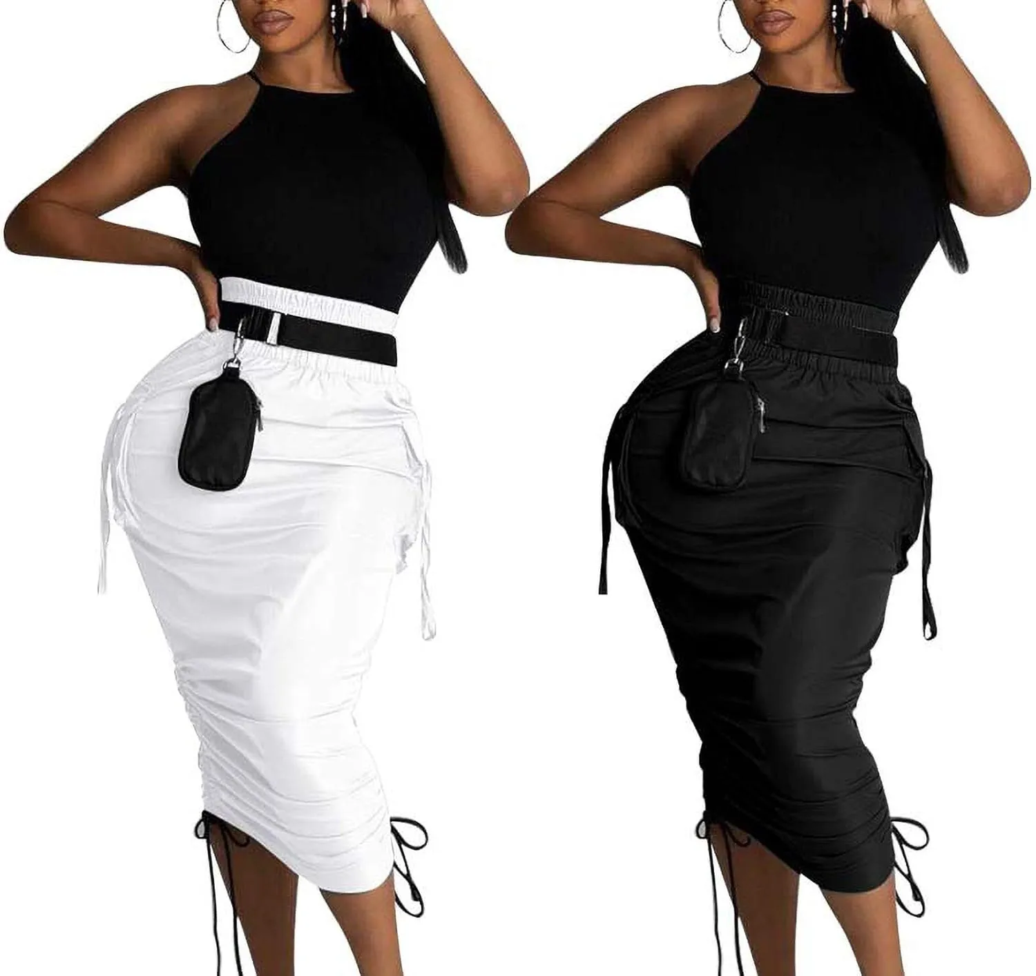 LKOUS Leather Skirts for Women PU Pearl Ruffle Asymmetrical Hem Knee Length Black Skirt Plus Size